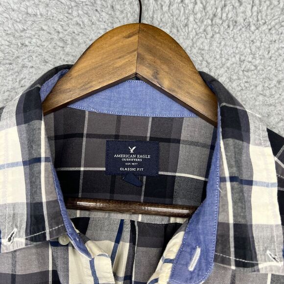 American Eagle Shirt Mens Large Gray Blue White Plaid Checkered Button Down Logo - Picture 4 of 11